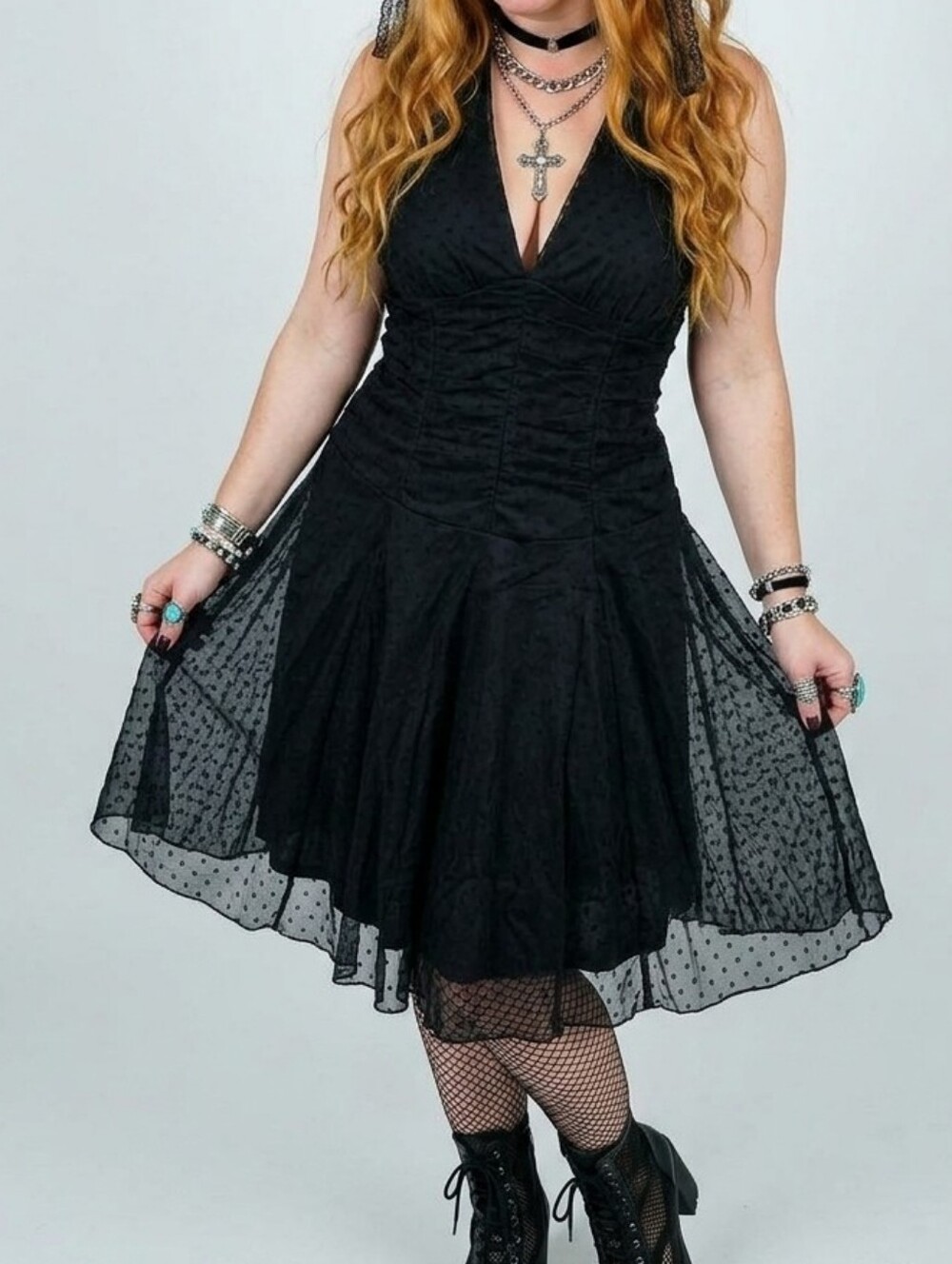 VINTAGE Necessary Objects Ruched Halter Dress, Swiss Dot Mesh Lace Overlay, Goth
